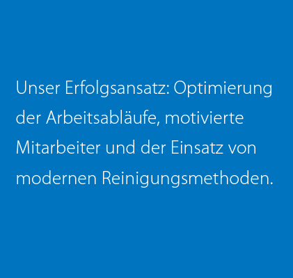 Unser Erfolgsansatz: Optimierung der Arbeitsabläufe, motivierte Mitarbeiter und der Einsatz von modernen Reinigungsmethoden.